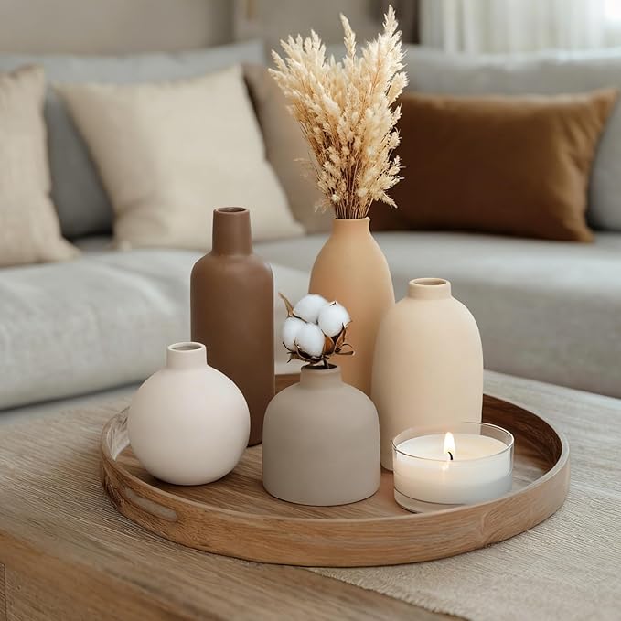 Modern Ceramic Vase Set of 5, Vases Home Decor Rustic Farmhouse Decorative Vase Pottery Vases for Bouquet Pampas Grass Dried Fresh Flowers, Table Living Room Kitchen Bedroom