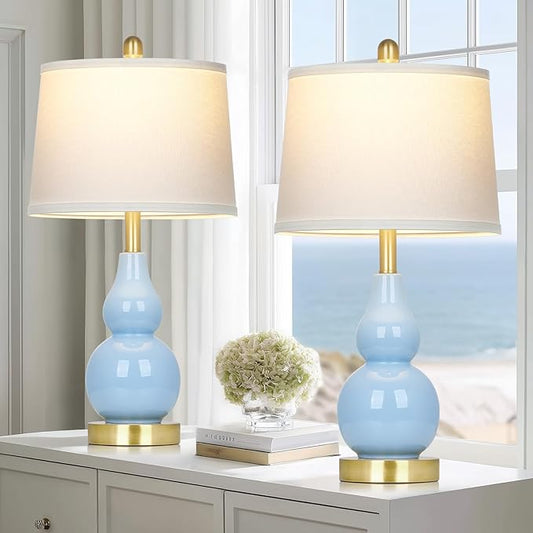25" Modern Ceramic Table Lamps Set of 2, Blue Double Gourd Ceramic Lamps for Living Room, Coastal Farmhouse Rustic Bedside Nightstand Nautical Lamps for Bedrooms Home Office Dorm(2 LED Bulbs Included)