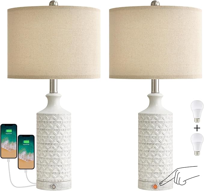 PoKat 24" Modern Contemporary Ceramic Lamp Set of 2 for Living Room White Desk Decor Lamps for Bedroom Farmhouse Bedside Nightstand End Table Lamps, White and Grey