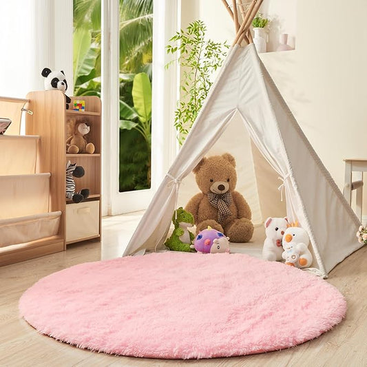 OPPODREAM 4ft Pink Circle Rug for Bedroom, Ultra-Soft Round Rugs 4-ft for Living Room, Fluffy Carpet for Nursery, Kids, Girl, Boy, Baby, Plush, Fuzzy, Shag, Shaggy, Cute Home Decor