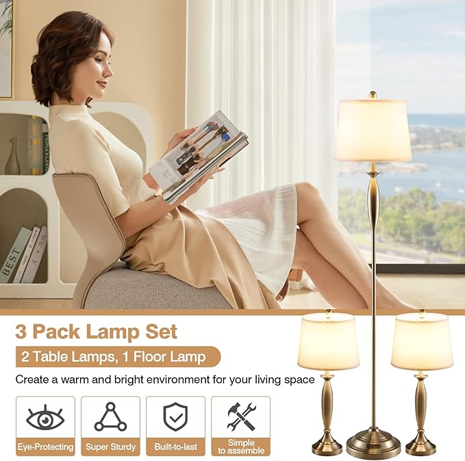 Tangkula 3-Piece Modern Lamp Set, 2 Table Lamps & 1 Floor Lamp with Weighted Base and Eye-Protecting Lamp Shade, Perfect for Bedroom & Living Room, 3 x E26 Bulbs Required (Nickel)