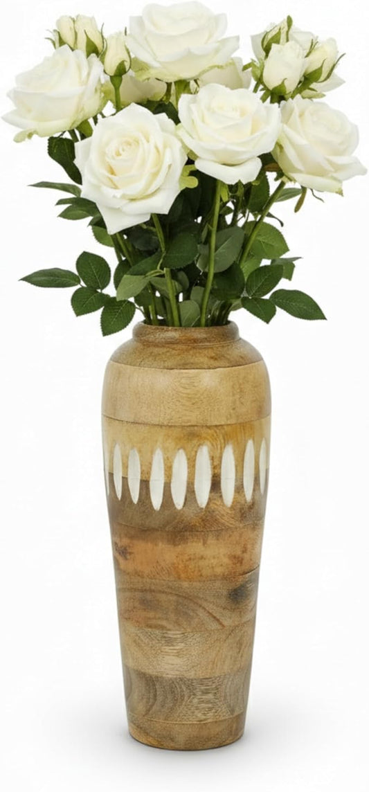 Mela Artisans 12” Mango Wood Vase | Wooden Decorative Flower Vase | Rustic Farmhouse | Natural White Wash | Centerpiece for Living Room | Dining Table | Home Decor