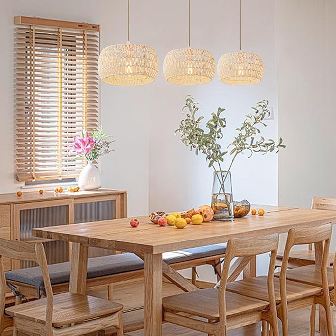 Rattan Pendant Light Fixture Drum Basket Chandelier Hanging Lights Cream White Boho Ceiling Lighting Flush Mount Ceiling Lights Woven Kitchen Chandeliers for Dinning Room Hallway Bedroom