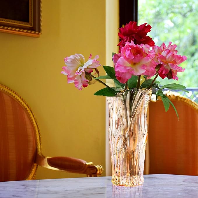 Glass Vase for Flowers, Gold Amber Clear Glass Vases for Centerpieces, Crystal Vase for Home Table Flower Decor 9.1 inches Tall