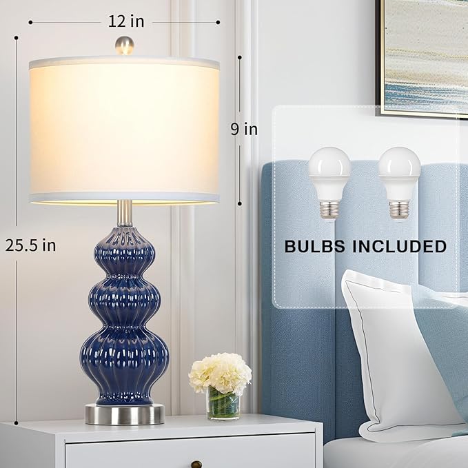 Triple Gourd Ceramic Table Lamps Set of 2, Modern Blue Bedside Lamps with Rotary Switch, Contemporary Nightstand Lamps for Bedroom Living Room