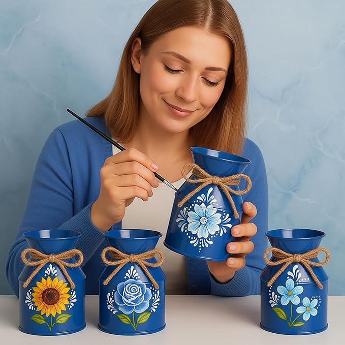 Domensi 5.12 Inch Farmhouse Metal Flower Vase Decor Rustic Galvanized Milk Can Jug Vase with Bow Flower Buckets for Table Centerpiece Fall Halloween Wedding Home Dinging Room Decor(Dark Blue,6 Pcs)