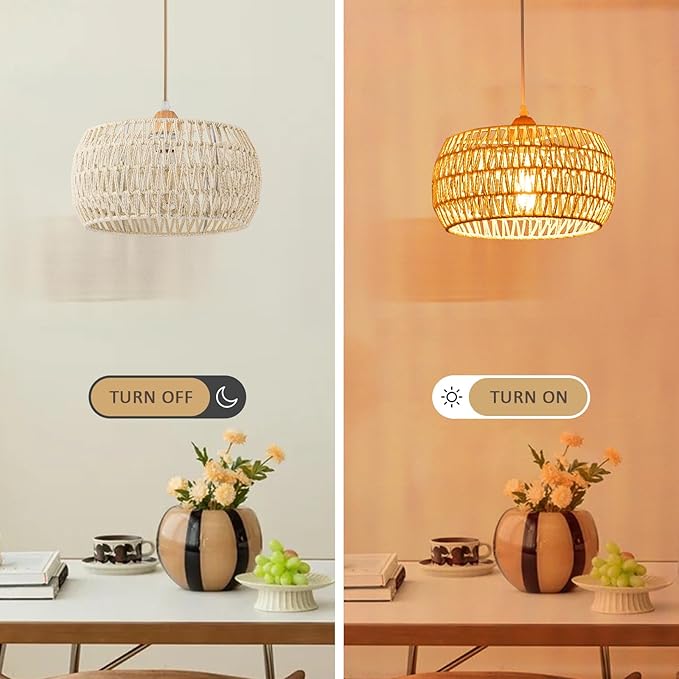 Rattan Pendant Light Fixture Drum Basket Chandelier Hanging Lights Cream White Boho Ceiling Lighting Flush Mount Ceiling Lights Woven Kitchen Chandeliers for Dinning Room Hallway Bedroom