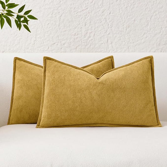 Kevin Textile Waterproof Decorative Pillow Covers Mustard Yellow 12x20 Inch Pack of 2 Soft Boucle Textured Lumbars Cushions Elegant Accent Pillows for Couch Sofa Chair Bed Home Decor Indoor Outdoor