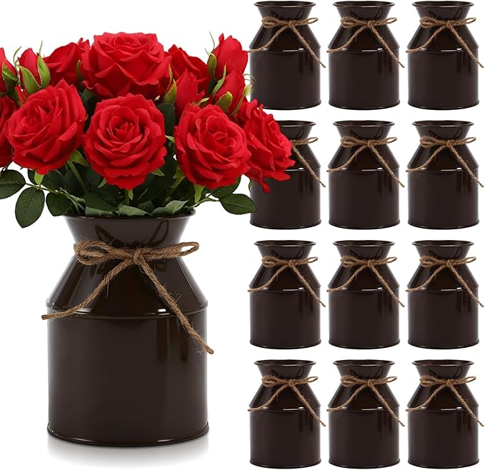 Domensi 5.12 Inch Farmhouse Metal Flower Vase Decor Rustic Galvanized Milk Can Jug Vase with Bow Flower Buckets for Table Centerpiece Fall Halloween Wedding Home Dinging Room Decor(Brown,12 Pcs)