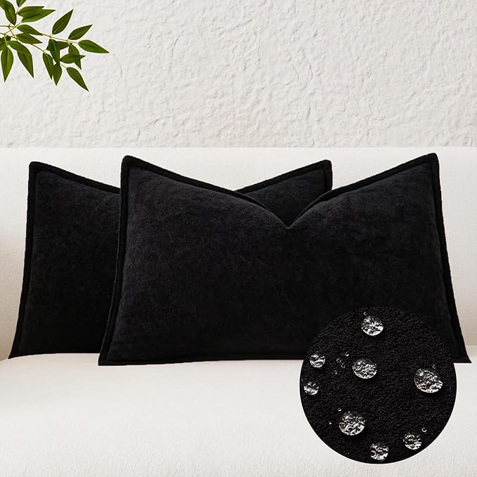 Kevin Textile Waterproof Decorative Pillow Covers Black 12x20 Inch Pack of 2 Soft Boucle Textured Lumbars Cushions Elegant Accent Pillows for Couch Sofa Chair Bed Home Decor Indoor Outdoor