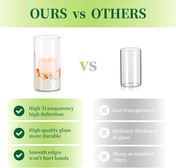 Glass Cylinder Vases Set of 6, Hewory Tall Clear Vase for Centerpieces, Glass Hurricane Candle Holders for Pillar Floating Candles, Round Vases for Wedding Events Table Decor, 2.6” in Diameter