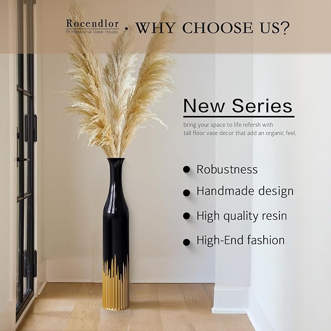 27.5 Inch Black Vase – Gold Tooth Design, Cylindrical Decorative Tall Floor Vase for Home Decor, Living Room, Entryway, Wedding – Resin Tall Vases