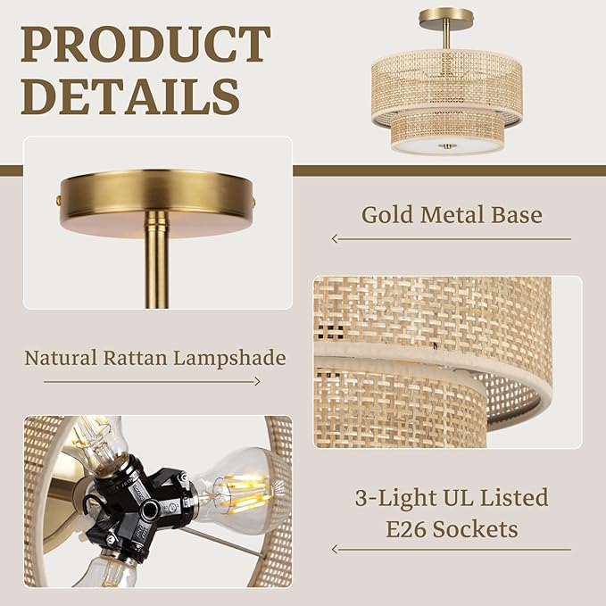 Boho Light Fixture Ceiling Mount,13'' Semi Flush Mount Ceiling Lights Fixture,3-Light Farmhouse Chandelier,Rattan Ceiling Light with 2-Tier Drum Shade,Drum Light Fixture for Bedroom Living Room
