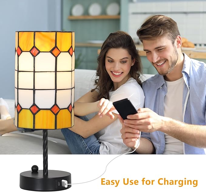 Tiffany Touch Table Lamps, 3 Way Dimmable Tiffany Lamp Set of 2 with Bulbs & USB Charging Port, Stained Glass Lamp for Nightstand, Vintage Desk Lamp for Bedroom, Small Bedside Lamp
