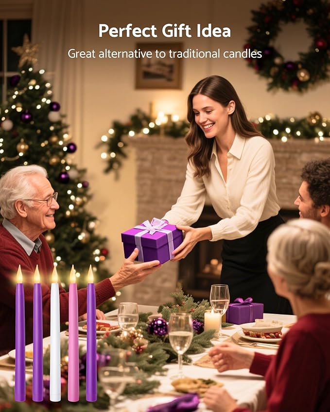 10.5'' Advent Candles Battery Operated Set of 4 with Remote, Timer & Dimmer, Plastic Flameless LED Taper Candlesticks for Advent Wreath, Christmas Table Centerpiece Decor