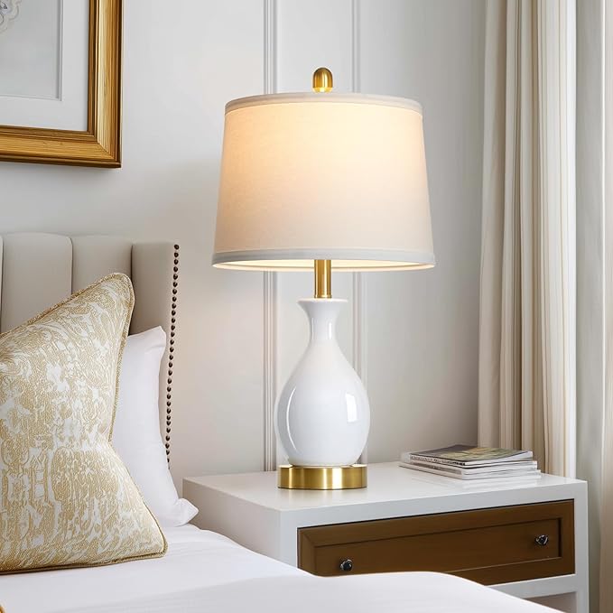 24" White Ceramic Table Lamps Set of 2 for Bedroom, Modern Classic Bedside Lamps for Nightstand, Small Table Lamp for Living Room Side Table (2 LED Bulbs Included)