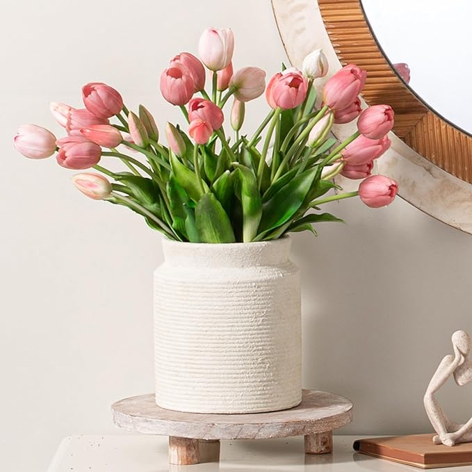 Ceramic Flower Vase 7.5 inch Farmhouse Rustic Vase for Home Decor Handcrafted Pottery Terracotta Vases for Dining Table Decor Fireplace Living Room Bathroom Wedding Centerpiece (01-White)