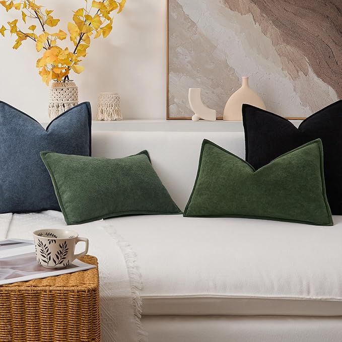 Kevin Textile Waterproof Decorative Pillow Covers Olive Green 12x20 Inch Pack of 2 Soft Boucle Textured Lumbars Cushions Elegant Accent Pillows for Couch Sofa Chair Bed Home Decor Indoor Outdoor