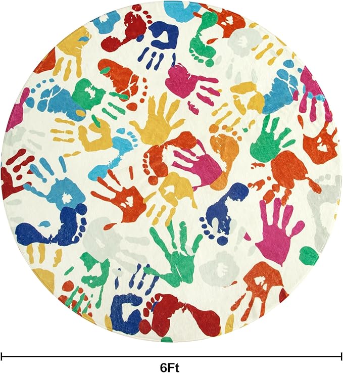 STARUIA Large Round Rug for Classroom, Nursery, Playroom, Kids Bedroom, Toy Room - 6' x 9', Handprint & Footprint Pattern, Vibrant Colors, Non-Slip Rubber Backing, Machine Washable