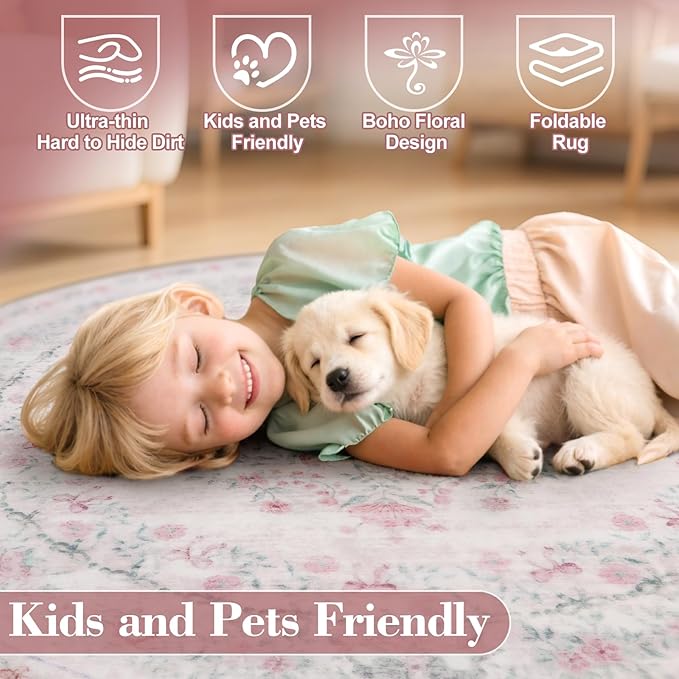 Wonnitar Pink Washable Round Rugs 6ft, Bow Round Area Rug for Bedroom, Ultra-Thin Non Slip Soft Boho Floral Circle Carpet for Teen Girl Room Kids Nursery Living Room Decor, Light Pink