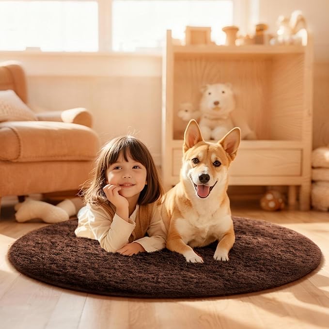 Ophanie Round Rug 4Ft Brown Circle Area Rug, Fluffy Fuzzy Small Bedroom Carpet, Plush Soft Shaggy Floor Living Room Circular Christmas Decor for Kids Boys Girls Home Aesthetic, Nursery, Classroom
