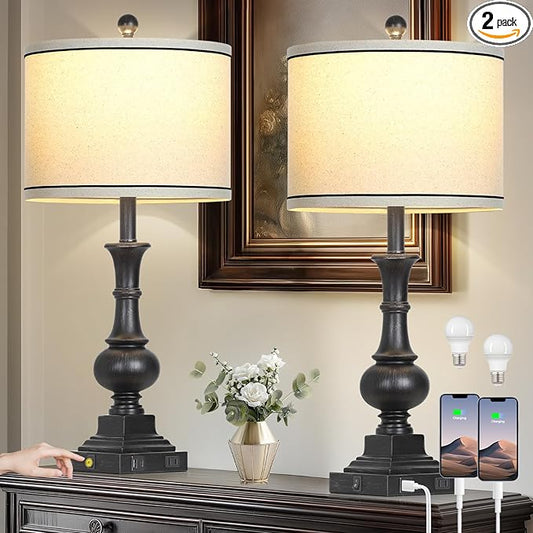 Farmhouse Table Lamps Set of 2, Vintage Bedside Lamps with USB A+C Charging Ports & AC Outlet, 26" Rustic Nightstand Lamp for Living Room Bedroom End Table Wash Black(2 LED Bulbs Included)