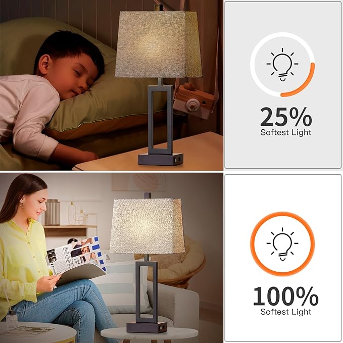 23.5" Touch Control Table Lamps Set of 2, Bedside Lamp with 2 USB Charging Ports & AC Outlet, 3-Way Dimmable Modern Nightstand Lamp for Living Room Bedroom End Table Office(2700K 2 LED Bulbs Included)