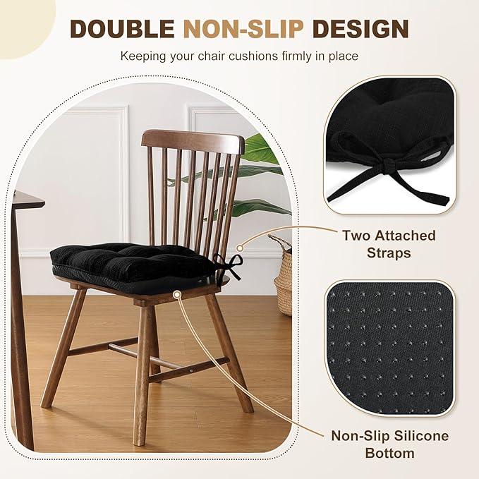 downluxe Indoor Chair Cushions for Dining Chairs, Tufted Overstuffed Textured Foam Kitchen Chair Pads with Ties and Non-Slip Backing, 15.5" x 15.5" x 4", Black, 4 Pack
