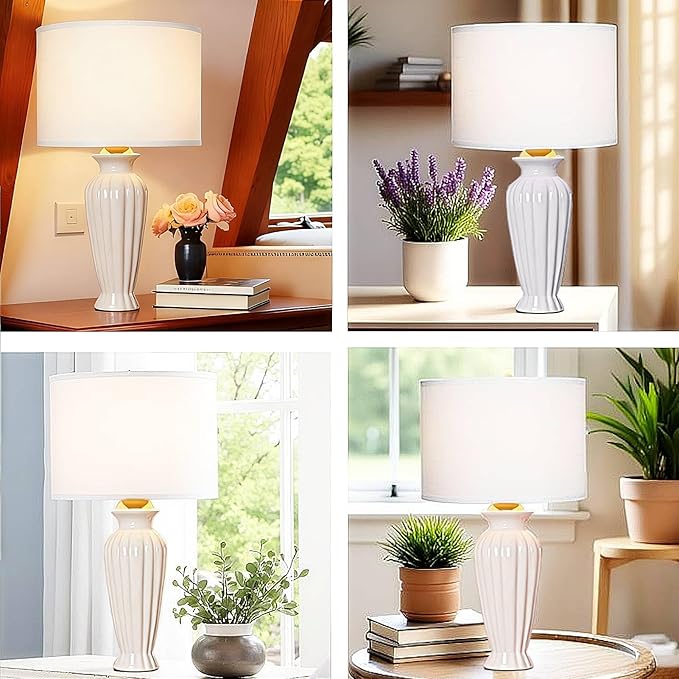 Modern Ceramic Table Lamp Set of 2, White Table Lamps for Living Room Office Dorm, Vintage Bedside Lamps for Bedroom Decor Farmhouse