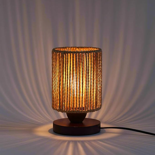 Rattan Table Lamp,Boho Small Beside Lamp,Farmhouse Table Lamp for Room Decor,Vintage Wicker Wooden Nightstand Bamboo Woven End Table Lamps for Bedroom Living Room Desk Kids Room,LED Bulb Included