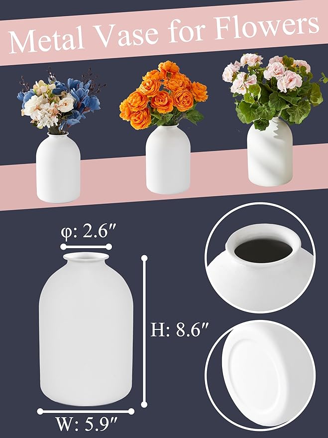 White Vases for Home Decor Large White Metal Flower Vases for Table Centerpieces Living Room, Wabi Sabi Decor Modern Minimalist Table Decor