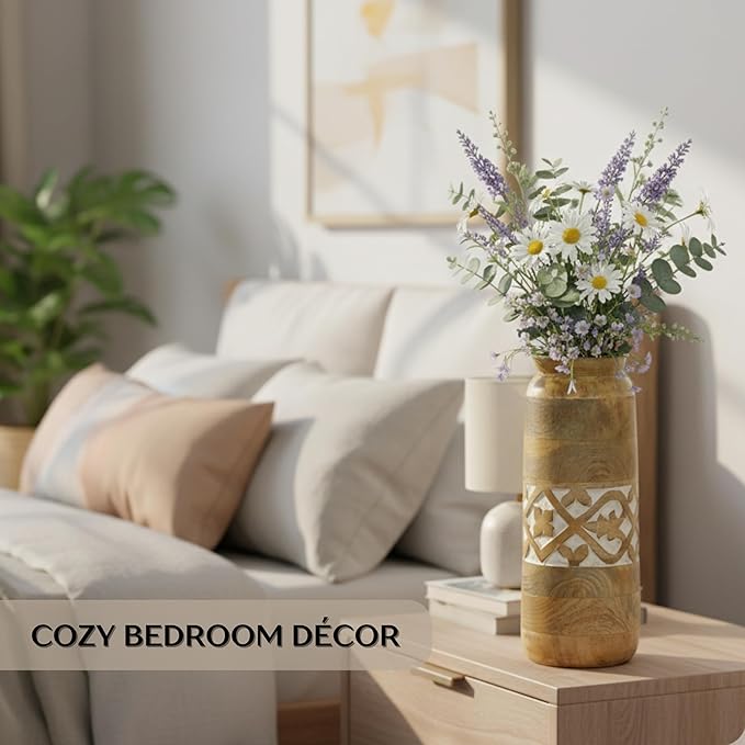 Mela Artisans 12” Mango Wood Vase | Wooden Decorative Flower Vase | Rustic Farmhouse | Medium Burnt | Centerpiece for Living Room | Dining Table | Home Decor