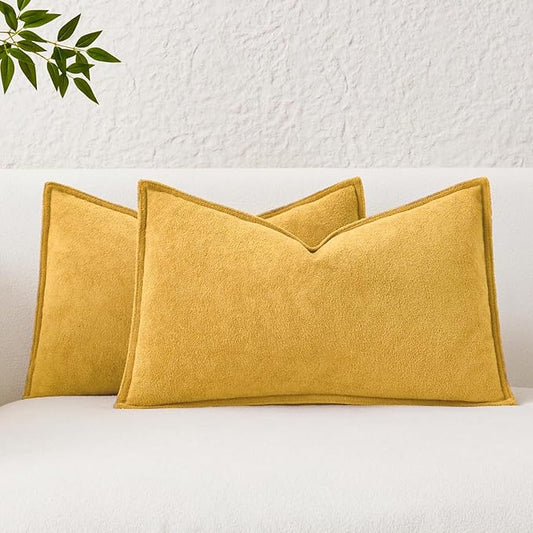 Kevin Textile Waterproof Decorative Pillow Covers Yellow 12x20 Inch Pack of 2 Soft Boucle Textured Lumbars Cushions Elegant Accent Pillows for Couch Sofa Chair Bed Home Decor Indoor Outdoor