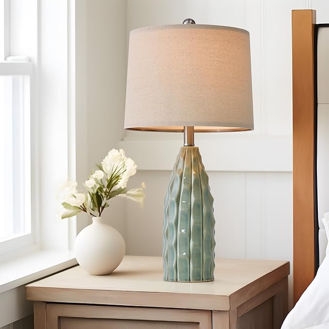 Ceramic Table Lamps Set of 2, 23.75" Modern Farmhouse Bedside Lamp - Green Nightstand Lamps for Bedroom, Boho Living Room End Tables, Small Office Desk Lamp Decor