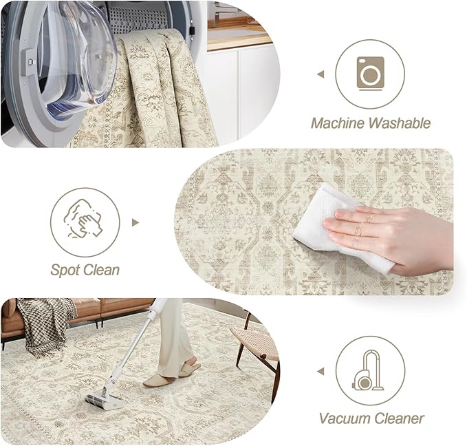 Area Rug 6x9, Washable Rugs, Stain Resistant Gray Area Rugs for Living Room Bedroom Dining Room, Vintage Farmhouse Rug Beige