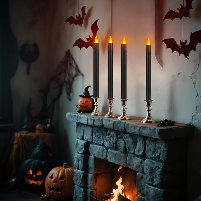 10" Flameless Taper Candles with Remote, 12 Pcs Black Electric Led candlesticks, Plastic Tall Taper Candles Battery Operated with Flickering Flame for Halloween Christmas Wedding Home Décor