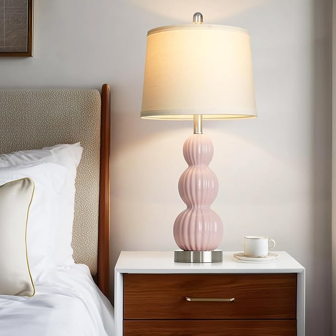 28" Pink Ceramic Table Lamps Set of 2, Modern Bedside Lamps for Night Stands, Triple Gourd Table Lamp for Living Room End Table or Bedroom Nightstand (2 LED Bulbs Included)