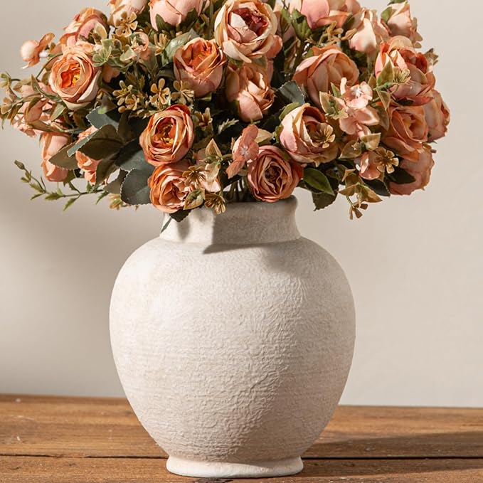 Ceramic Flower Vase, 6.7 Inch White Flower Vase Rustic Farmhouse Decorative Vase Floral Pottery Vases for Home Decor Table Living Room Entryway Mantel Bookshelf Bedroom Bathroom Kitchen - White