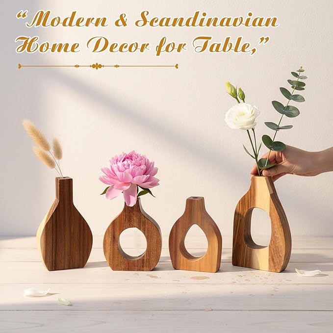 Blulu Set of 12 Small Wooden Vases for Centerpiece Decor Mini Wood Vase for Faux Flowers Plants Modern Scandinavian Home Decor for Kitchen Table Living Room