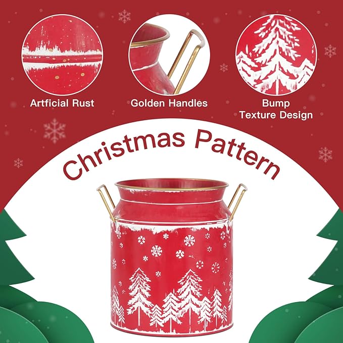 Putuo Decor Large Metal Milk Can with White Winter Forest Snowflake Design Rustic Farmhouse Holiday Vase with Gold Handles Vintage Christmas Décor for Festive Centerpieces Home Accents (Red)