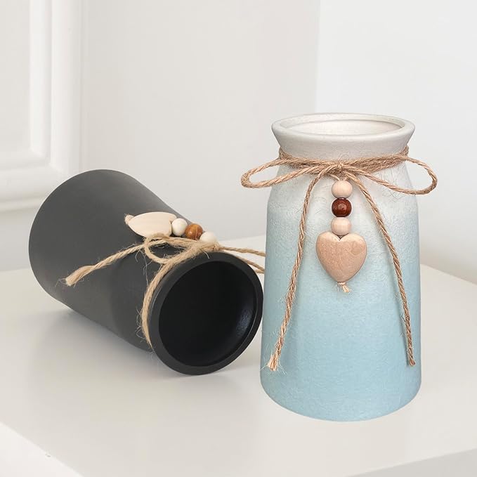 Elegant Ceramic Vase | 6-Inch Flower Vase with Jute Rope & Heart Charm | Modern, Farmhouse, & Boho Home Décor, Blue Color