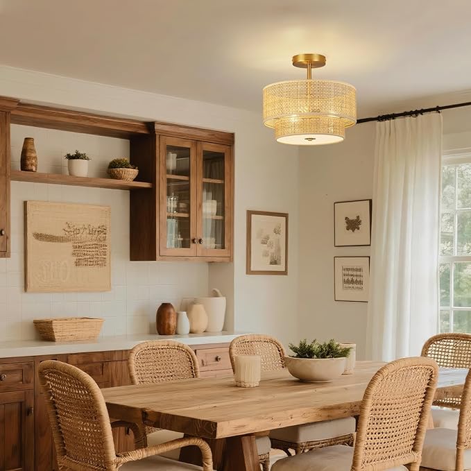Boho Light Fixture Ceiling Mount,13'' Semi Flush Mount Ceiling Lights Fixture,3-Light Farmhouse Chandelier,Rattan Ceiling Light with 2-Tier Drum Shade,Drum Light Fixture for Bedroom Living Room
