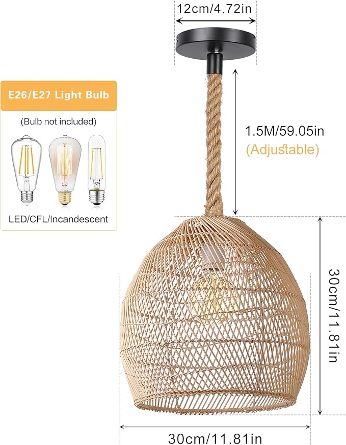 1 Light Rattan Pendant Light, Boho Coastal Wicker Chandelier, Hemp Rope 11.81''W Woven Hanging Lampshade Ceiling Lighting Fixture for Kitchen Island Bedroom Restaurants