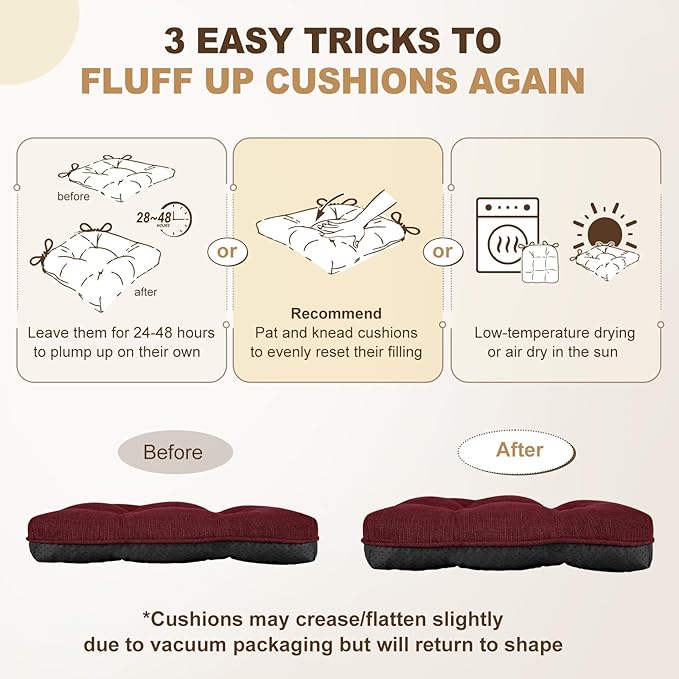 downluxe Indoor Chair Cushions for Dining Chairs, Tufted Overstuffed Textured Foam Kitchen Chair Pads with Ties and Non-Slip Backing, 15.5" x 15.5" x 4", Burgundy, 4 Pack