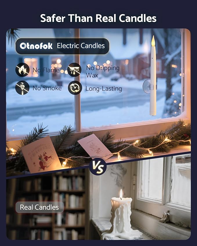 10.5" Window Candles Battery Operated with Suction Cups, Dusk to Dawn LED Flickering Candle Lights for Window, Flameless Taper Candlesticks for Christmas Holiday Decor, 6 Pack, White