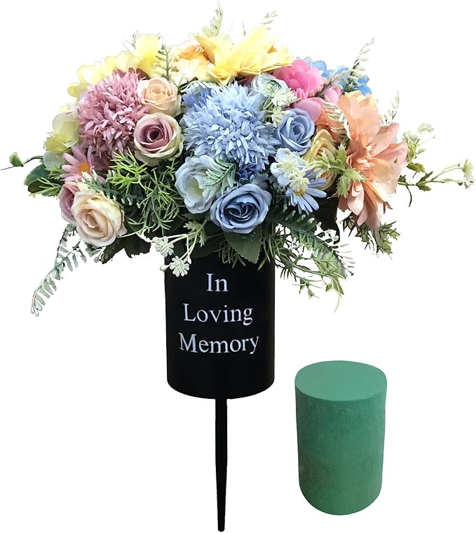 Metal Grave Memorial Vase Flower Holder in Ground Cemetery Vase Grave Decorations with Spikes and Floral Foam (Round) Black