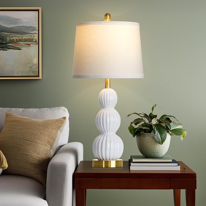 28" White Ceramic Table Lamps Set of 2, Modern Bedside Lamps for Night Stands, Triple Gourd Table Lamp for Living Room End Table or Bedroom Nightstand (2 LED Bulbs Included)