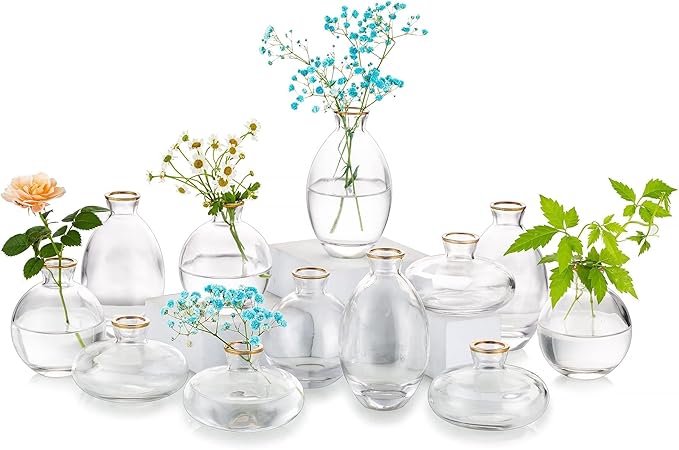 Glass Bud Vase for Centerpieces: 12Pcs Glasseam Gold Rim Mini Small Vases for Flowers Bulk Flower Vase Set Aesthetic Cute Handmade Tiny Short Wedding Table Centerpiece Decor
