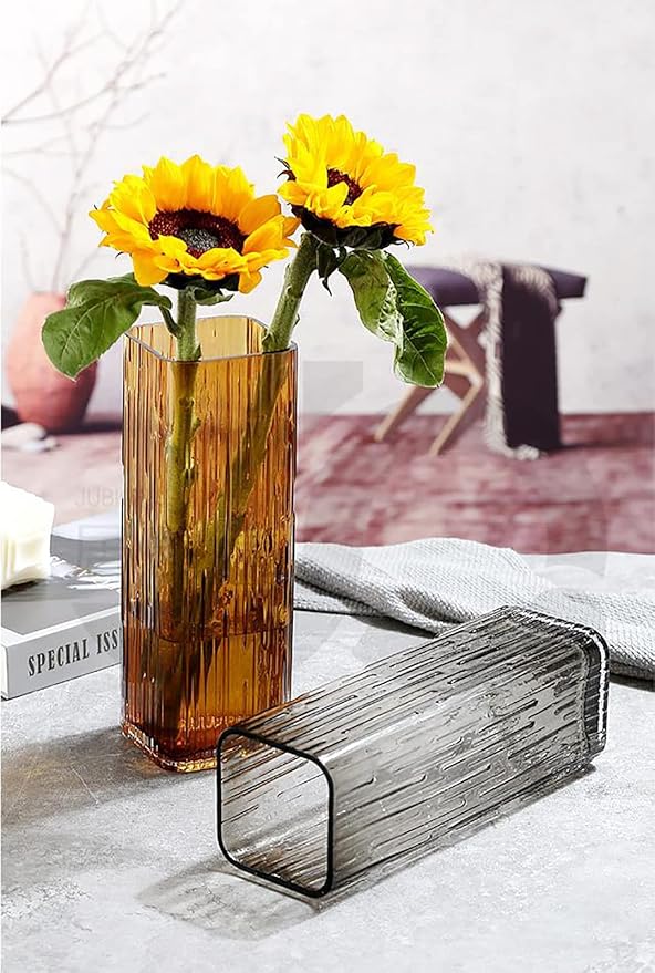 Modern Minimalist Glass Square vase, Crystal Glass vase, vase, Dry vase (Amber)