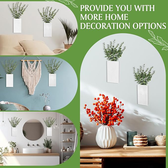 2 Pack Modern Farmhouse Wall Decor Wood Planter Vase with Artificial Eucalyptus Farmhouse Bohemian Hanging Wall Decor for Bathroom Dinning Room Living Room Hallway Bedroom(White)